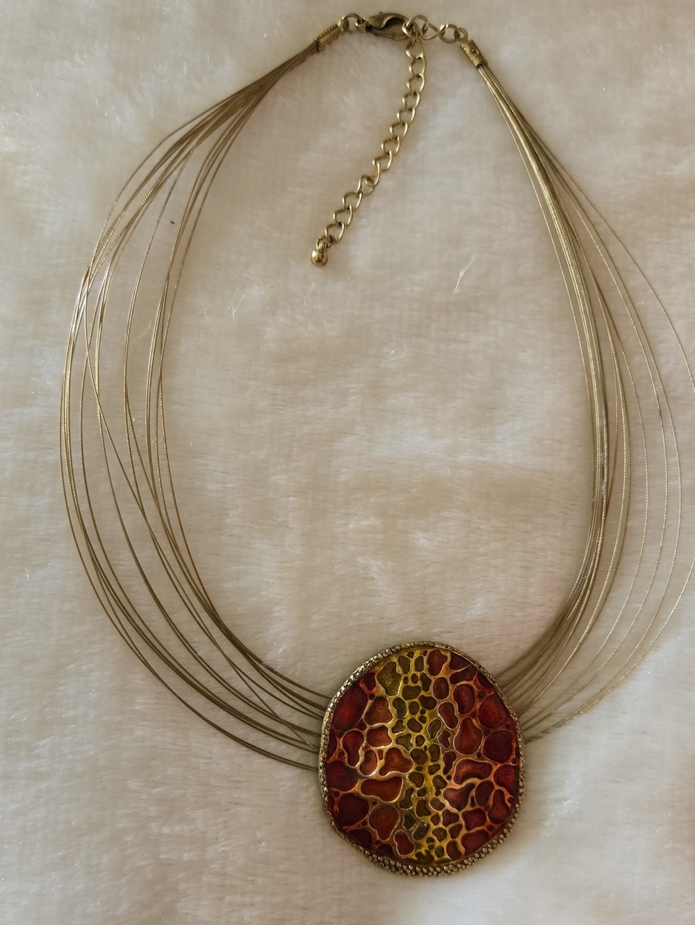 Gold Multi-Strand Necklace with Red and Gold Mosaic Pendant
